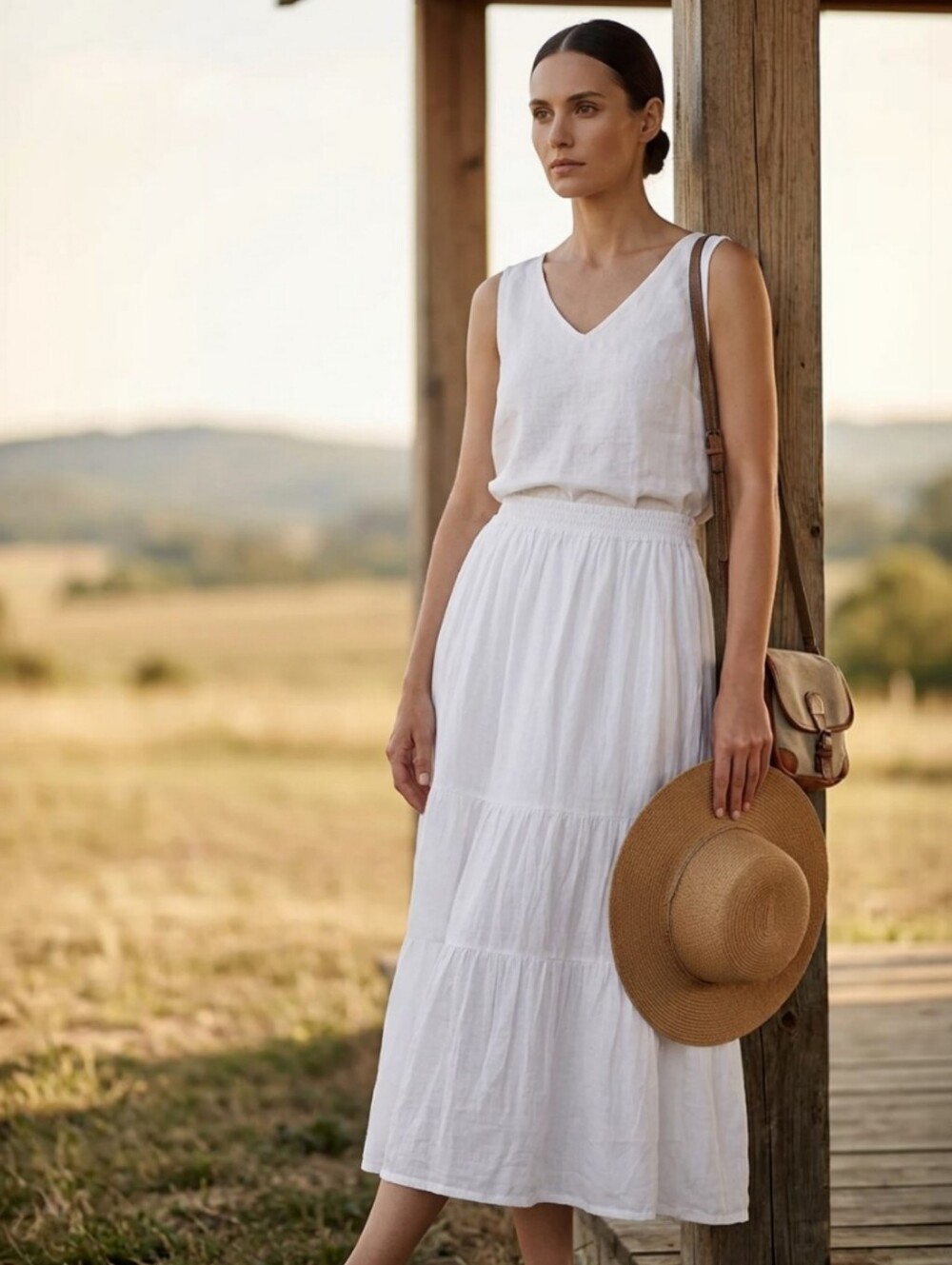 CHAPS Maxi Skirt 2X White 100% Cotton Tiered Pleated Peasant Prairie Country